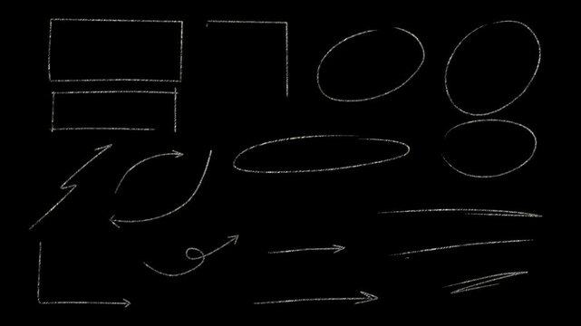 Set of Pencil thin line art. Moving banner with geometric doodle elements, circles, squares and arrows. Rough chalk underline and sketching icons. Hand drawn graphic animated footage