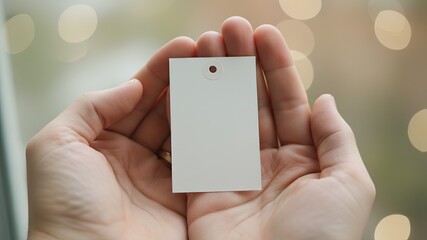 Holding Blank Price Tag Close Up Indoor Lifestyle View