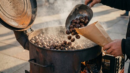 A person pours roasted chestnuts from a metal container into a paper bag. Steam rises from the hot chestnuts, creating a warm atmosphere.