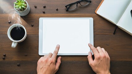 Using Tablet for Work at Desk with Coffee and Glasses