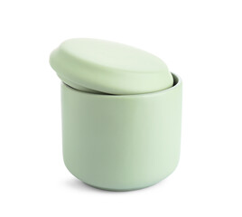 Jar for bathroom accessories on white background