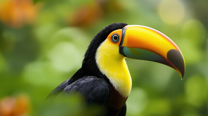 Fototapeta premium Toco Toucan in Habitat: A vibrant toucan, with its striking colors and iconic oversized beak, is captured amidst lush green foliage, showcasing nature's beauty and biodiversity.