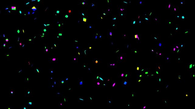 Colorful confetti rain. Moving banner with sparkling particles flying down. Birthday party and anniversary celebration. Realistic graphic animated footage