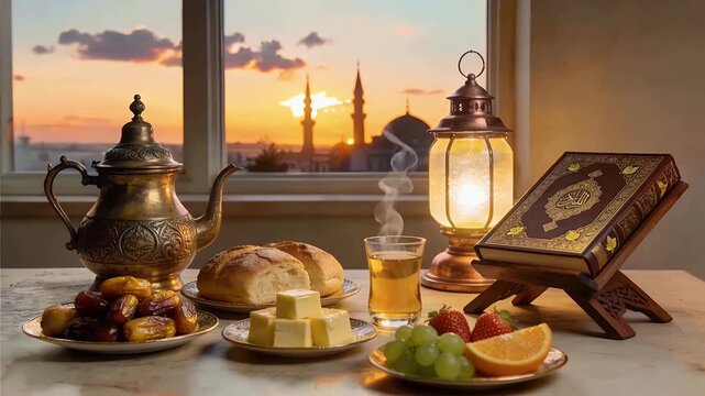Iftar Table with Lantern and Quran at Sunset