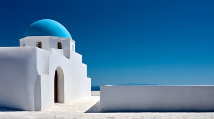 Iconic Blue Dome Church Against a Vibrant Blue Sky in Greece.
