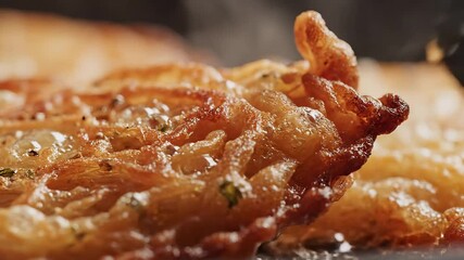 Closeup view of a freshly fried goldenbrown crispy sweet dessert possibly a jalebi or a similar syrupy fritter glistening with sugar syrup and sprinkled with delicate spices showcasing its intricate .