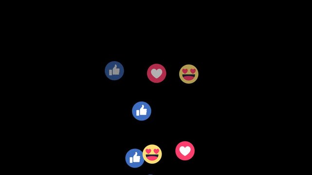 Floating social media emoji. Moving banner with heart, thumbs up, and like icons flying upwards. Stream design with dark alpha channel. Flat graphic animated footage