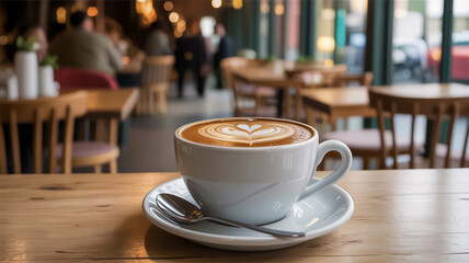 Obraz premium A white ceramic coffee cup with a heart-shaped latte on a saucer on a wooden table in a cozy cafe