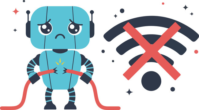 Sad Robot Character Holding Broken Wire and No WiFi Signal Vector Illustration