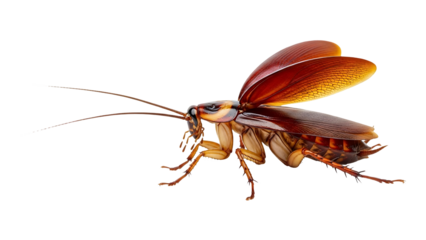 Brown cockroach with wings spread, crawling insect, isolated with transparent background
