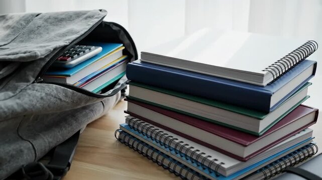 Backpack and stack of books on desk, study concept, education.