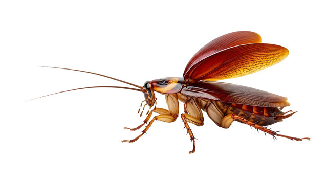 Brown cockroach with wings spread, crawling insect, isolated with transparent background