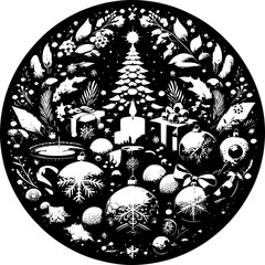 Minimalist black-white Christmas icon with clean lines, no shading, isolated on white. Simple, modern, scalable, perfect for stickers or digital use.