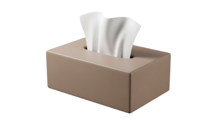 Brown tissue box with white tissues pulled out, isolated on transparent background