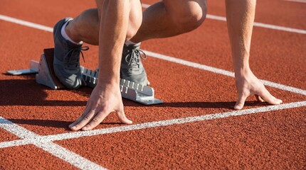 A male athlete prepares to sprint on a running track. He is in a starting position, wearing athletic shoes and shorts. The track is red and well-maintained.