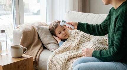 A young Caucasian boy with brown hair is resting on a couch, covered with a blanket. An adult woman checks his temperature with a thermometer.