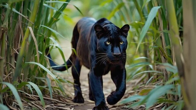 A black panther walking through tall green grass in the jungle on a dirt path looking forward panther video