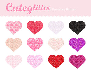 キュートグリッター シームレスパターン12色セット／ラメ風背景素材 | ベクター スウォッチカラー バレンタイン レトロ キラキラ ハート