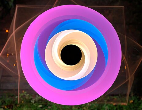 A swirling vortex of layered colorful rings atop a translucent square with ethereal orange wisps - Powered by Adobe