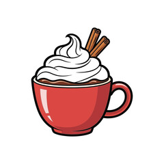 A detailed cartoon illustration of a red mug filled with hot chocolate topped with whipped cream and cinnamon sticks.