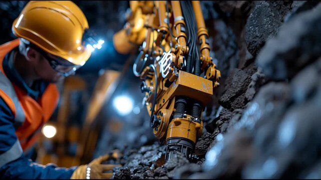 A man in a yellow helmet and orange vest is working on a piece of machinery. Concept of hard work and determination, as the man is focused on his task despite the challenging environment