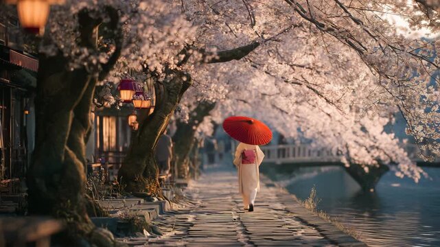 女性が桜並木を和傘を差しながら歩く、夕暮れのしっとりとした風景