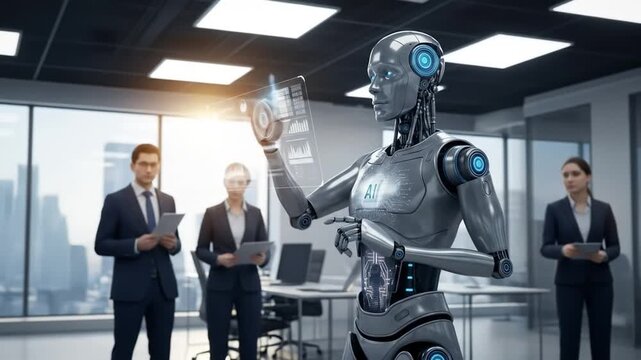 A humanoid robot functioning as an AI agent symbolizes agent autonomy and the automation of work by machines. 4k video