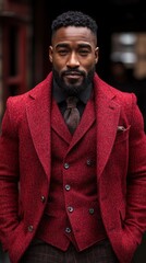 A man in a red suit and vest stands in front of a red door. He is wearing a tie and has a black beard