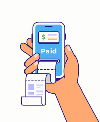 flat vector illustration of a hand holding a smartphone pos device showing paid status and printing a receipt. ideal for digital payment, fintech, checkout, and cashless transaction concepts