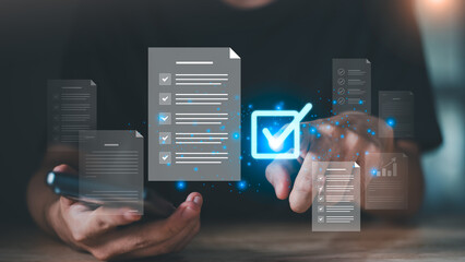 Business approval with digital documents ,checklist confirmation. Represents approval workflow,...