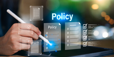 Business professional reviewing digital policy documents with checklist system. Represents corporate policy management, compliance control, internal guidelines, approval workflow, and governance.