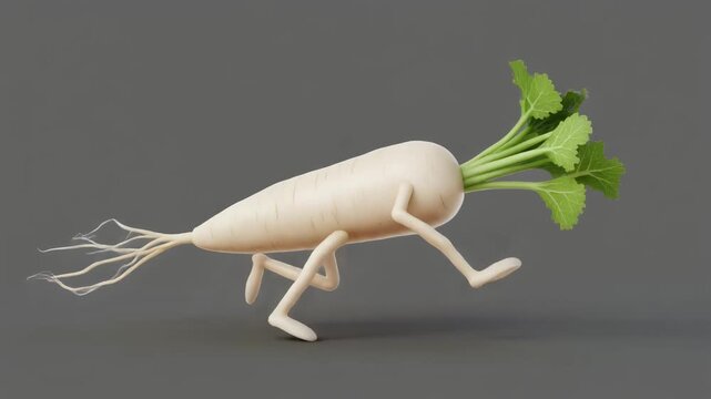 A whimsical white daikon radish with small human-like legs and feet, depicted in a running pose against a plain gray background.