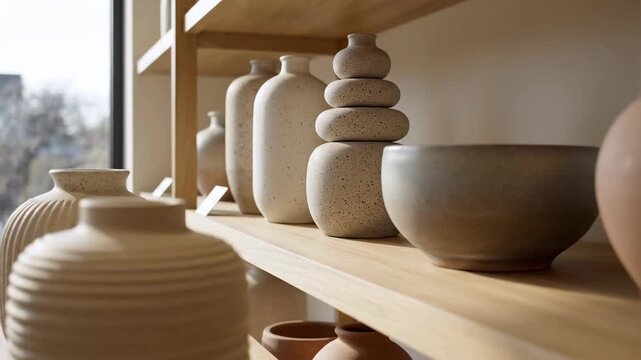 A curated collection of neutral ceramic vases and pottery artfully arranged on a minimalist wooden shelf for contemporary home decor.