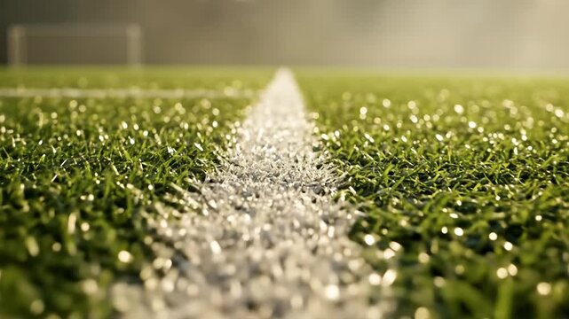 Close-up view of bright white freshly painted touchlines on a green soccer field, evoking anticipation for the upcoming game.