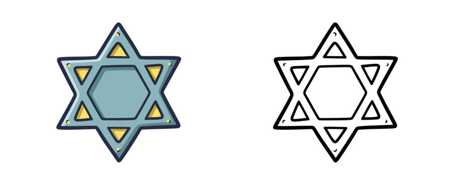 Doodle vector cartoon illustration of the blue and yellow Star of David emblem with rivets and its corresponding black outline drawing on a white background, a Jewish symbol