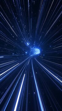 Abstract Blue Light Tunnel Streaks Seamless Motion Background With Tiny Particles Twisting And Turning Into Bright Light Source
