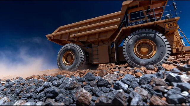 A large truck is driving down a rocky road. The sky is clear and blue, and the truck is covered in dust. Concept of ruggedness and adventure
