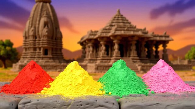 Experience the vibrant Hindu Spring Festival with piles of colorful gulal powder and ancient Indian temples, celebrating joy and tradition.