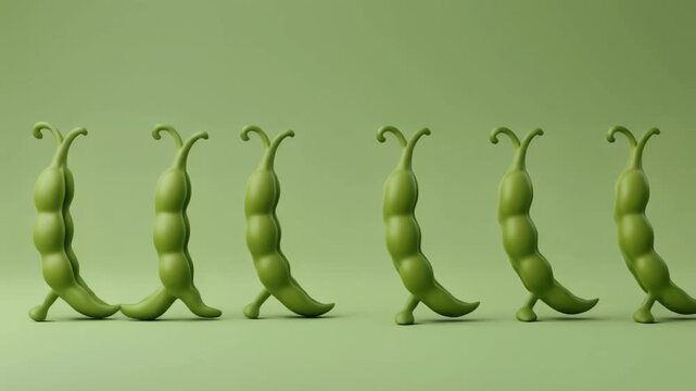 Six anthropomorphic green pea pods with legs and antennae walking in a line on a light green background.