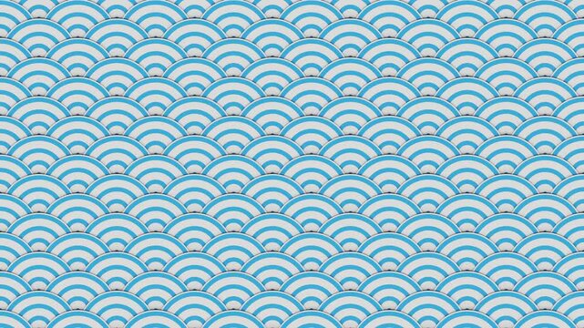 Cloud Dancer, trendy white color of the Year 2026. Seamless animation of Japanese Seigaiha blue semicircle wave pattern. Animated background for motion graphics.