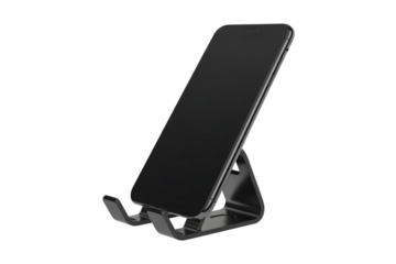 Modern smartphone resting on a sleek phone stand . Isolated on transparent background, png