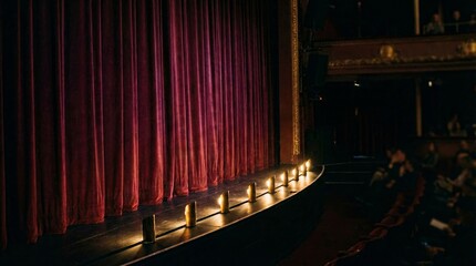 A theater stage with red curtains and dim lighting. The audience is seated in the background, creating an atmosphere of anticipation for a performance.