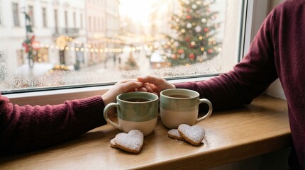Two hands reach for each other over mugs of hot beverage on a wooden table. In the background, a decorated Christmas tree is visible through a window.