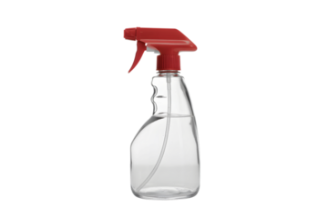 clear spray bottle with red nozzle  . Isolated on transparent background, png