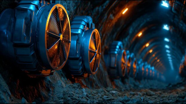 A series of blue fans are lined up in a tunnel. The fans are blue and yellow, and they are all facing the same direction