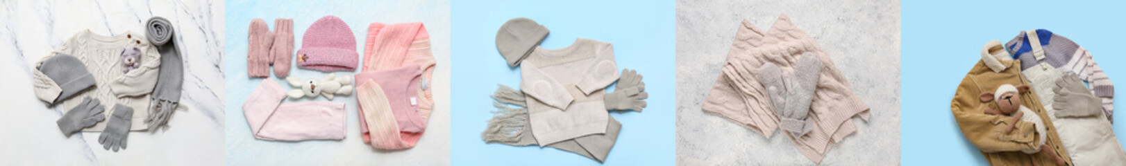 Set of stylish children's clothes with toys, top view