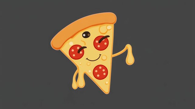 A fun cartoon illustration of an anthropomorphic pizza slice with pepperoni, featuring a happy face and small limbs on a dark grey background.