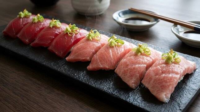 Gourmet Tuna Nigiri: Fatty Lean Sashimi Sushi Scallions Gold Flake Steaming