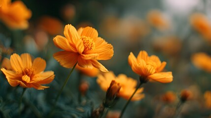 Fototapeta premium Vibrant Orange Cosmos Flowers Blooming in Soft Sunlight.