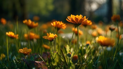 Vibrant Orange Marigolds Blooming in a Sunlit Meadow.